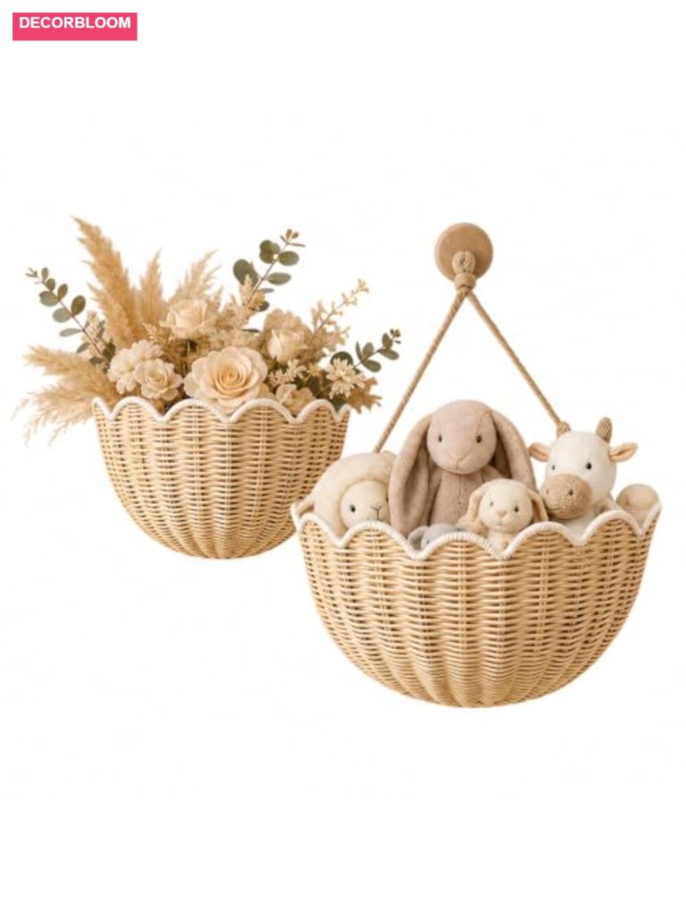 Handwoven Rattan Wall Basket Set of 2 Boho Storage Hanging Wicker Decor